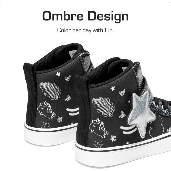 Kid's Girls Sneaker Hook Loop Sparkly Shiny Star Comfortable Casual Black Shoes - Picture 3 of 6